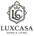 Luxcasa logo with decorative elements on a white background